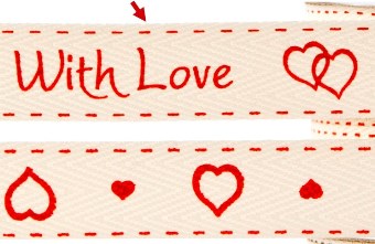 Printed Herringbone Ribbon - With Love - (x1 reel 20mtr) - Premium Herringbone Stitched Printed Ribbon Cream and Red Printed Herringbone Ribbon - Reel of Ribbon Ideal for Spring-Summer occasions or Valentine's