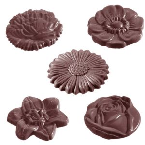 Chocolate World Frame Moulds - CW1416 - Flower Caraque Round 5 Fig. - 7gm - 43x43x6mm